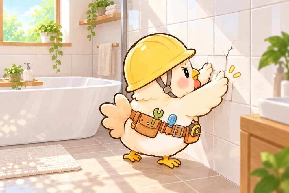 補修シートをひびに貼ろうとするニワトリのナビ助