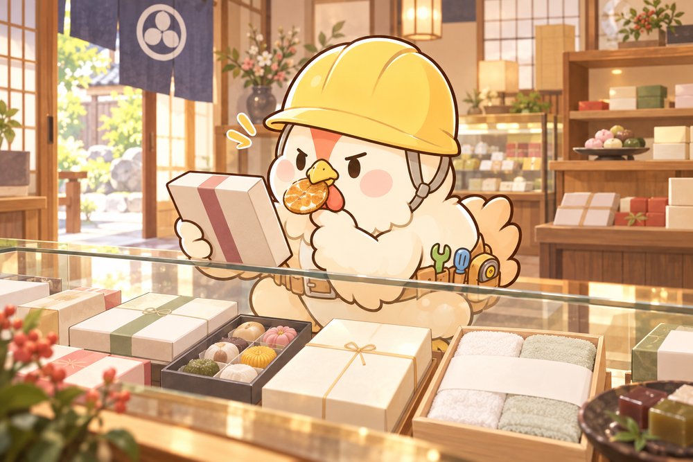 和菓子屋さんで手土産を選ぶニワトリのナビ助
