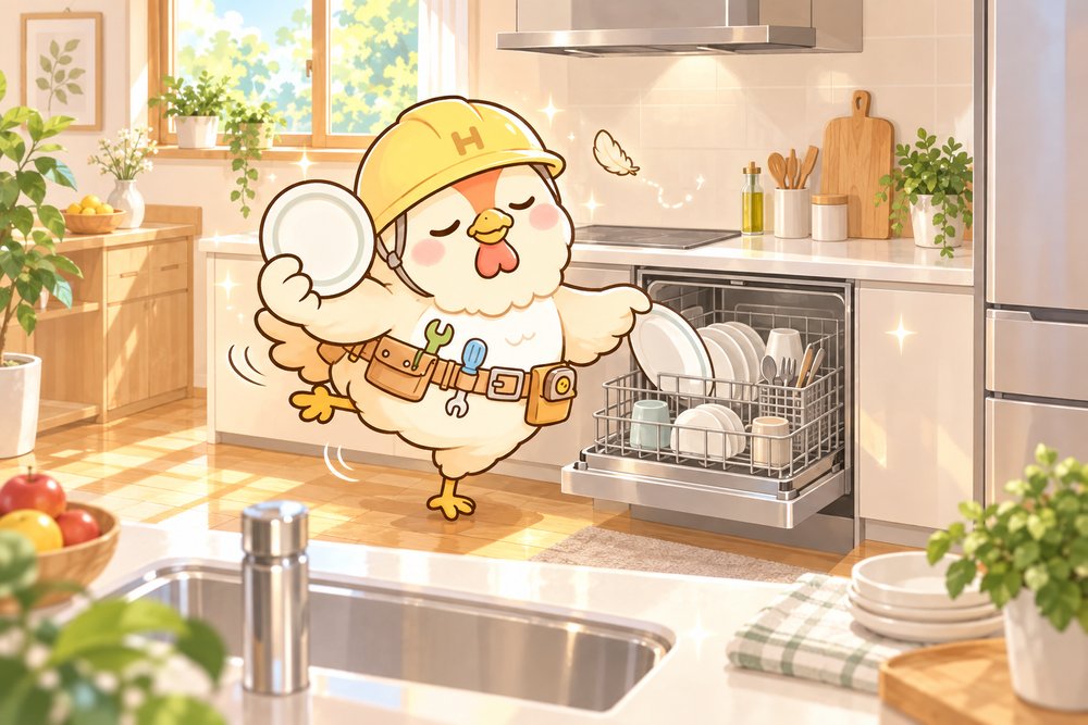 新しいキッチンの食洗機にお皿を入れてうっとりするナビ助