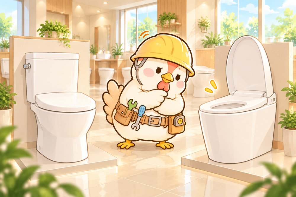 ショールームで2種類のトイレを見比べるニワトリのナビ助