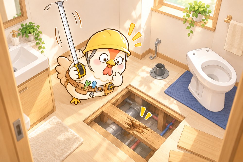 トイレの床下の傷みを見つけて驚くニワトリのナビ助