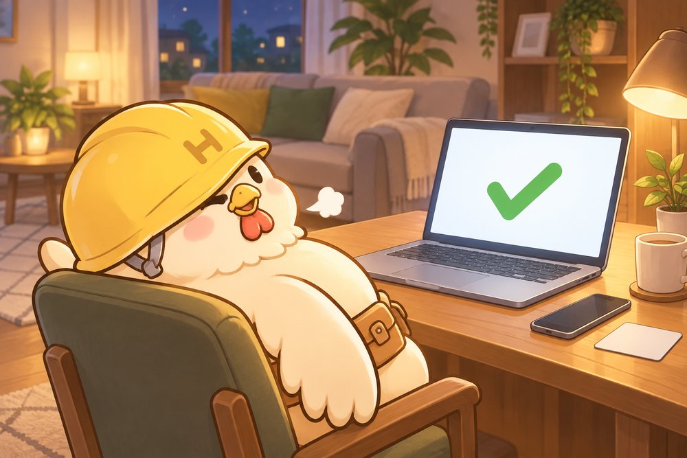 e-Taxで申告を送信し終えてほっとするニワトリのナビ助